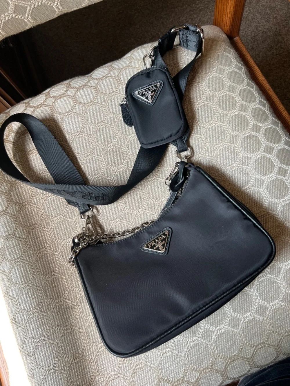 Black Nylon Shoulder Bag with Chain Accent